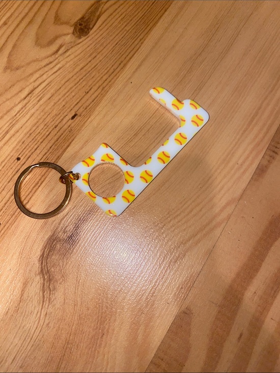 Accessories - White No-Touch Key Tool with Yellow Softball Pattern Keychain